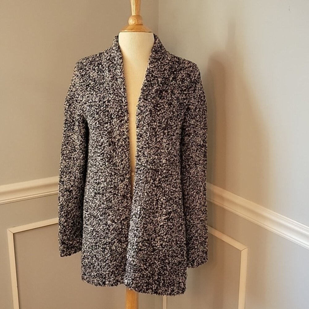 ANN TAYLOR Wool Blend Boucle Knit Black Gray Long Open Duster Cardigan Sweater M